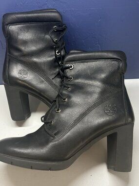 TIMBERLAND Women Anime Lace Up Heeeled Leather Booties Sz 8M Black